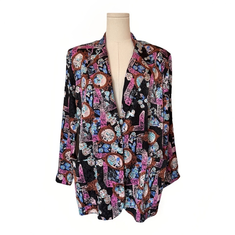 Vintage Floral Satin Blazer Sz S Black Maximalist Jacket Statement Feminine Art - Picture 2 of 11